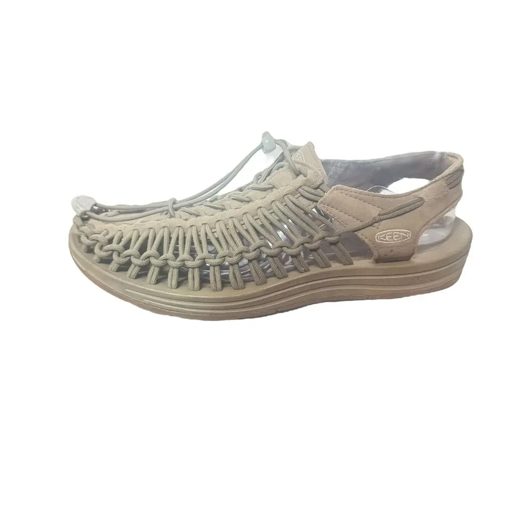 Keen Uneek Sandals Mens US 10 Gray Suede Walking Hiking Woven Bungee White Logo